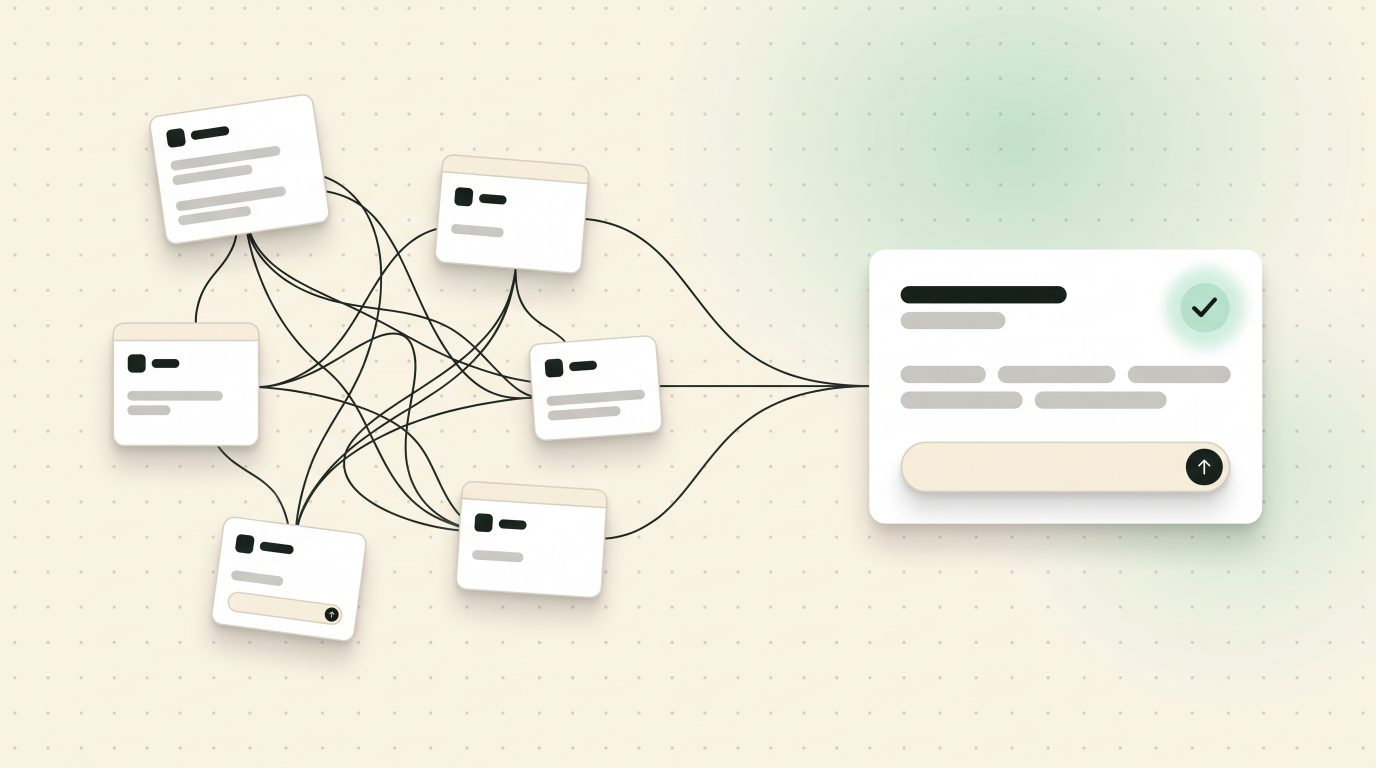 Illustration: Verstreute Programmfenster laufen in einem gemeinsamen System zusammen